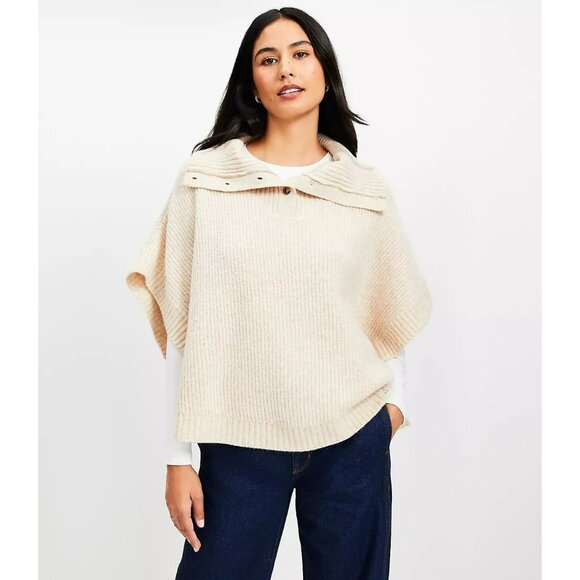 LOFT Button Turtleneck Poncho Cream Oatmeal M/L Knit Sweater Coastal Nautical - Picture 1 of 14
